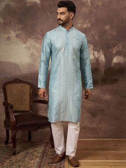 ETHNIC BAY - Men Blue Silk Blend Embroidered Straight Kurta with Pyjama