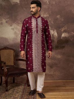 ETHNIC BAY - Men Maroon Silk Blend Embroidered Straight Kurta with Pyjama