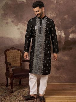 ETHNIC BAY - Men Black Silk Blend Embroidered Straight Kurta with Pyjama