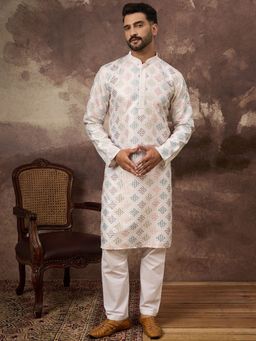 ETHNIC BAY - Men Off White Silk Blend Embroidered Straight Kurta with Pyjama