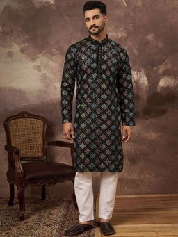 ETHNIC BAY - Men Black Silk Blend Embroidered Straight Kurta with Pyjama