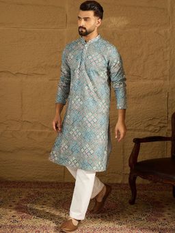 ETHNIC BAY - Men Blue Viscose Rayon Embroidered Straight Kurta with Pyjama