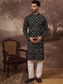 ETHNIC BAY - Men Black Viscose Rayon Embroidered Straight Kurta with Pyjama