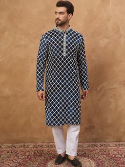 ETHNIC BAY - Men Navy Blue Viscose Rayon Shibori Embroidered Straight Kurta with Pyjama