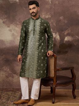 ETHNIC BAY - Men Olive Silk Blend Embroidered Straight Kurta with Pyjama