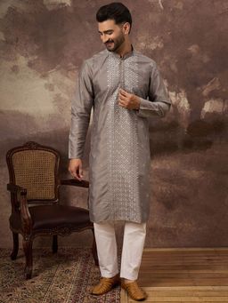 ETHNIC BAY - Men Grey Silk Blend Embroidered Straight Kurta with Pyjama