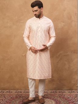 ETHNIC BAY - Men Peach Silk Blend Embroidered Straight Kurta with Pyjama