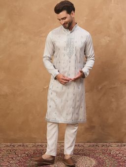 ETHNIC BAY - Men Grey Silk Blend Embroidered Straight Kurta with Pyjama