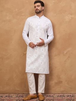 ETHNIC BAY - Men White Silk Blend Embroidered Straight Kurta with Pyjama