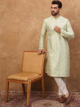 ETHNIC BAY - Men Green Silk Blend Embroidered Straight Kurta with Pyjama