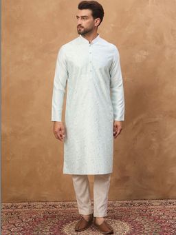 ETHNIC BAY - Men Blue Silk Blend Embroidered Straight Kurta with Pyjama