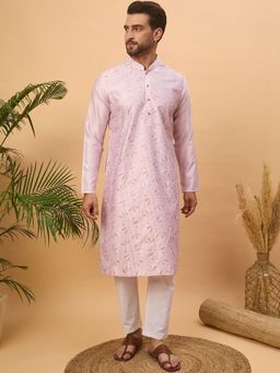 ETHNIC BAY - Men Lavender Silk Blend Embroidered Straight Kurta with Pyjama