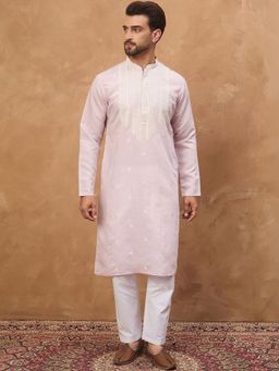 ETHNIC BAY - Men Lavender Silk Blend Embroidered Straight Kurta with Pyjama