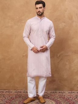 ETHNIC BAY - Men Lavender Silk Blend Embroidered Straight Kurta with Pyjama