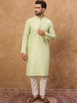 ETHNIC BAY - Men Green Silk Blend Embroidered Straight Kurta with Pyjama