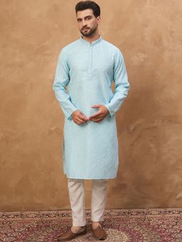 ETHNIC BAY - Men Blue Silk Blend Embroidered Straight Kurta with Pyjama