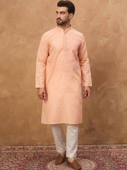 ETHNIC BAY - Men Peach Silk Blend Embroidered Straight Kurta with Pyjama