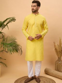 ETHNIC BAY - Men Yellow Silk Blend Embroidered Straight Kurta with Pyjama