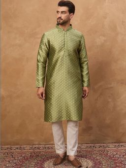 ETHNIC BAY - Men Green Silk Blend Woven Design Straight Kurta with Pyjama