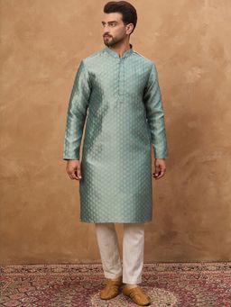 ETHNIC BAY - Men Blue Silk Blend Woven Design Straight Kurta with Pyjama