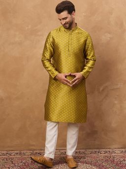 ETHNIC BAY - Men Mustard Silk Blend Woven Design Straight Kurta with Pyjama