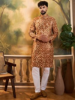 ETHNIC BAY - Men Brown Pure Cotton Batik Embroidered Straight Kurta with Pyjama