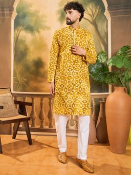 ETHNIC BAY - Men Yellow Pure Cotton Shibori Embroidered Straight Kurta with Pyjama