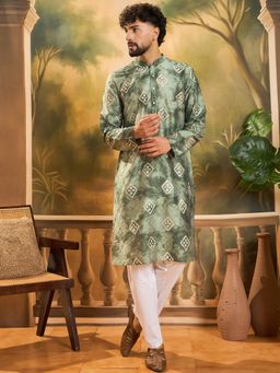 ETHNIC BAY - Men Olive Silk Blend Batik Embroidered Straight Kurta with Pyjama