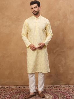 ETHNIC BAY - Men Yellow Silk Blend Embroidered Straight Kurta with Pyjama