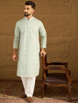ETHNIC BAY - Men Blue Silk Blend Floral Embroidered Straight Kurta with Pyjama