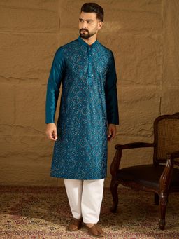ETHNIC BAY - Men Teal Silk Blend Floral Embroidered Straight Kurta with Pyjama