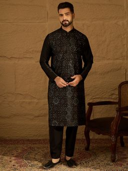 ETHNIC BAY - Men Black Silk Blend Floral Embroidered Straight Kurta with Pyjama