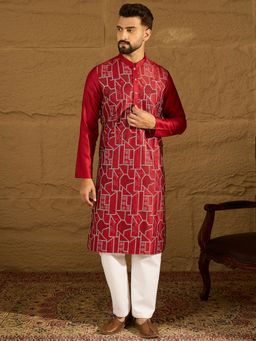 ETHNIC BAY - Men Maroon Silk Blend Embroidered Straight Kurta with Pyjama