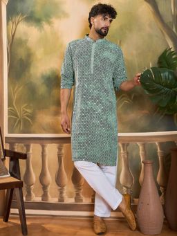 ETHNIC BAY - Men Green Viscose Rayon Shibori Embroidered Straight Kurta with Pyjama