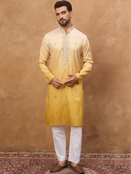 ETHNIC BAY - Men Yellow Silk Blend Embroidered Straight Kurta with Pyjama