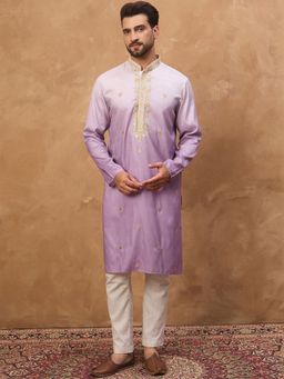 ETHNIC BAY - Men Purple Silk Blend Embroidered Straight Kurta with Pyjama