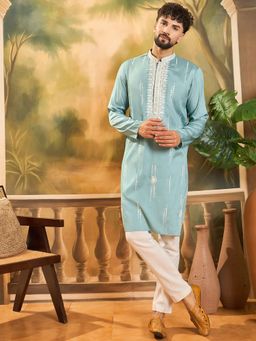 ETHNIC BAY - Men Blue Silk Blend Embroidered Straight Kurta with Pyjama