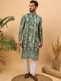 ETHNIC BAY - Men Green Viscose Rayon Batik Printed Straight Kurta with Pyjama