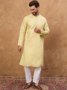 ETHNIC BAY - Men Yellow Silk Blend Embroidered Straight Kurta with Pyjama