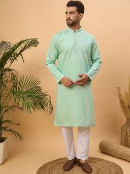 ETHNIC BAY - Men Blue Silk Blend Embroidered Straight Kurta with Pyjama