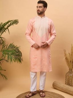 ETHNIC BAY - Men Peach Silk Blend Embroidered Straight Kurta with Pyjama