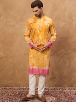 ETHNIC BAY - Men Yellow Silk Blend Batik Embroidered Straight Kurta with Pyjama