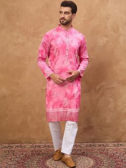 ETHNIC BAY - Men Pink Silk Blend Batik Embroidered Straight Kurta with Pyjama