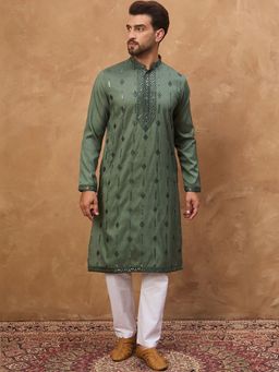 ETHNIC BAY - Men Green Silk Blend Embroidered Straight Kurta with Pyjama