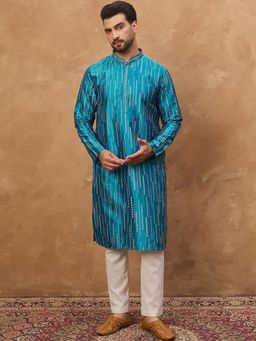 ETHNIC BAY - Men Blue Silk Blend Printed Straight Kurta with Pyjama