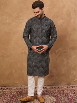 ETHNIC BAY - Men Black Silk Blend Embroidered Straight Kurta with Pyjama