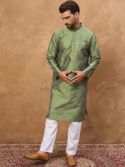 ETHNIC BAY - Men Green Silk Blend Printed Straight Kurta with Pyjama