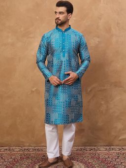 ETHNIC BAY - Men Blue Silk Blend Printed Straight Kurta with Pyjama