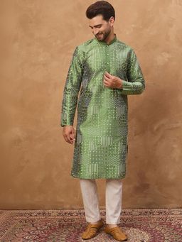 ETHNIC BAY - Men Green Silk Blend Embroidered Straight Kurta with Pyjama