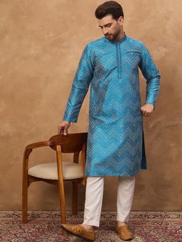ETHNIC BAY - Men Blue Silk Blend Printed Straight Kurta with Pyjama